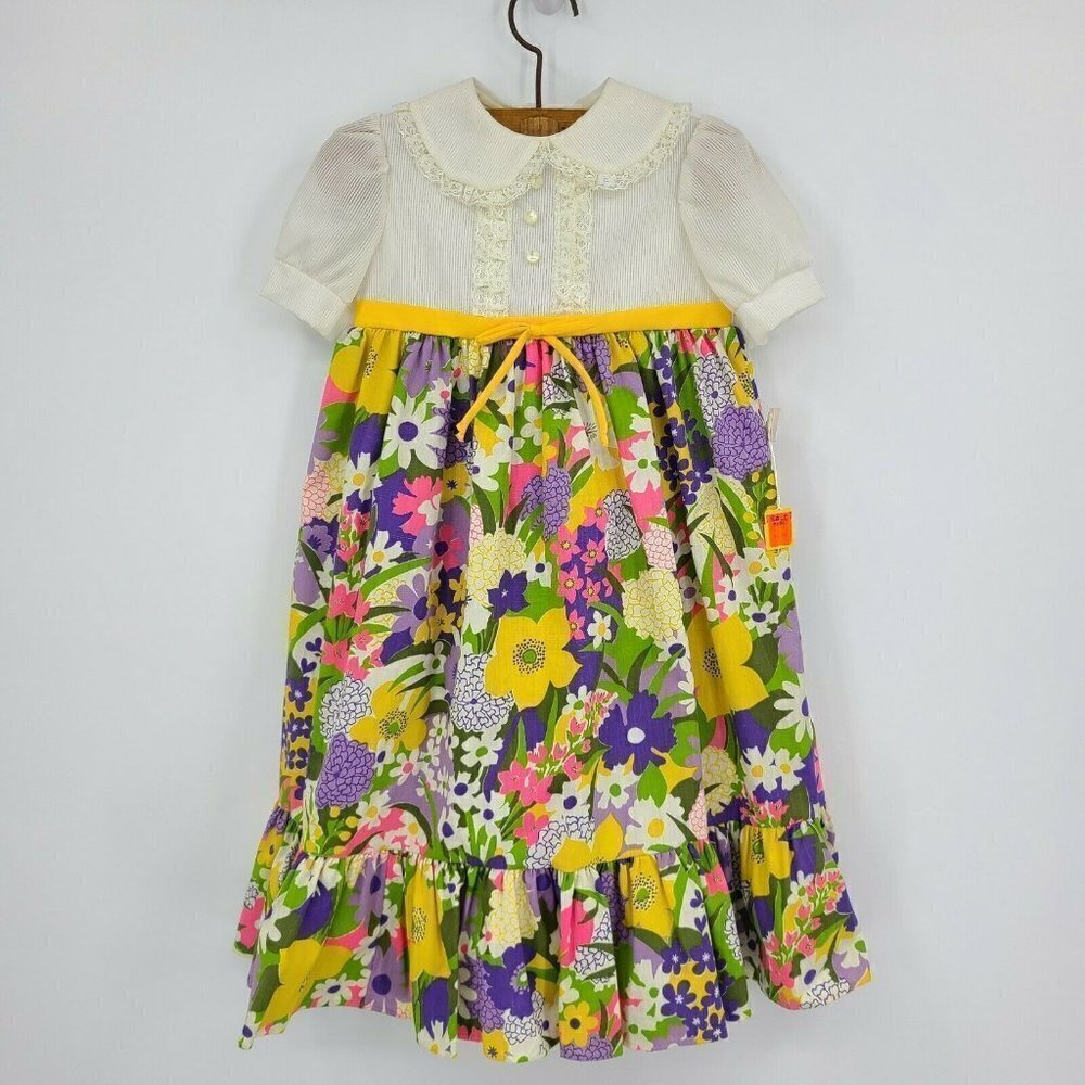 Vtg Deadstock Bryan Dress Girls Size 3 Floral Maxi Purple Pink Yellow Green